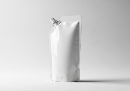 A clean, minimalist studio shot of a white, empty stand-up pouch with a spout, ready for branding or product placement.の素材