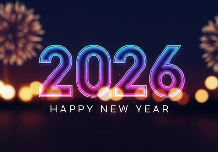 A festive New Year's Eve celebration with the year 2026 prominently displayed, surrounded by bokeh lights and fireworks.の素材
