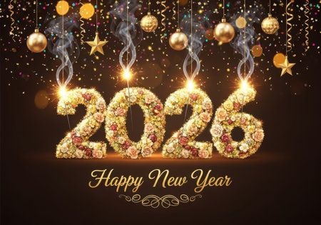 The year 2026 is illuminated with golden sparks and surrounded by festive ornaments, signifying a bright and celebratory new year.の素材