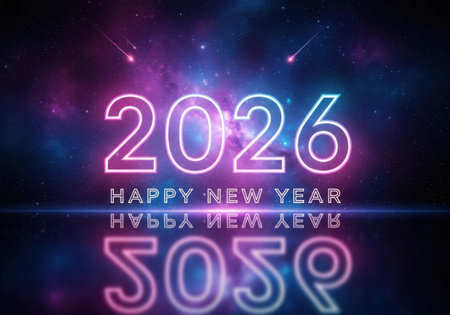 A vibrant neon display of the year 2026 and 'Happy New Year' reflects on a dark, starry background with subtle fireworks.の素材