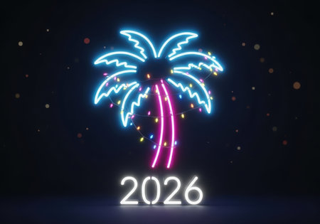 A vibrant neon palm tree glows against a dark background, illuminated by sparkling lights and the year 2026.の素材