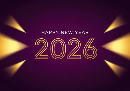 A festive purple background with golden spotlights illuminating the year 2026 and the text Happy New Year.の素材