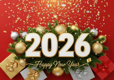 A festive New Year's Eve celebration with the year 2026 prominently displayed, surrounded by gifts, ornaments, and falling confetti.の素材