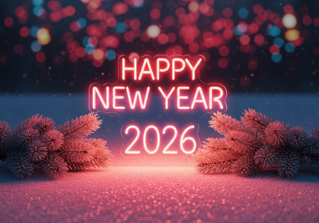 A vibrant neon sign glows with 'Happy New Year 2026' against a bokeh background of colorful lights and frosted foliage.の素材