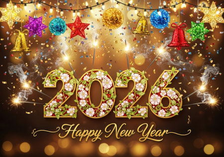 A vibrant New Year 2026 celebration with floral numbers, colorful ornaments, and glowing bokeh lights creating a magical atmosphere.の素材