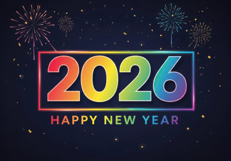 A festive New Year's Eve graphic featuring the year 2026 in vibrant rainbow colors, set against a dark sky with fireworks.の素材