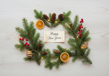 A handmade Christmas wreath adorned with pinecones, dried oranges, berries, and fairy lights on a white wooden background.の素材