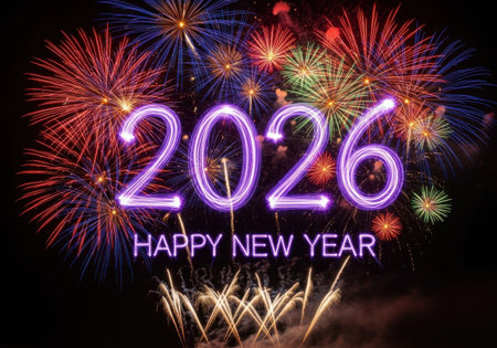 A dazzling fireworks show illuminates the night sky with the glowing numbers 2026 and the words Happy New Year.の素材