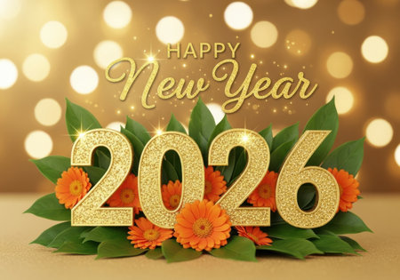 A festive New Year's greeting featuring the year 2026 in glittering gold digits surrounded by vibrant orange flowers and lush green leaves, set against a bokeh background.の素材