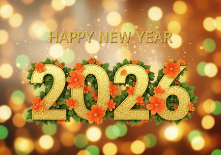 The year 2026 is depicted in large golden numbers adorned with green foliage and red flowers, set against a blurred background of warm bokeh lights.の素材