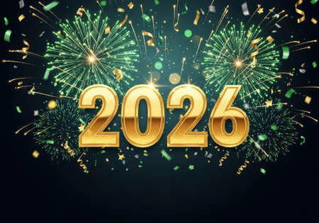 A bright golden year 2026 is illuminated by vibrant green fireworks and falling confetti, symbolizing a festive New Year's Eve.の素材