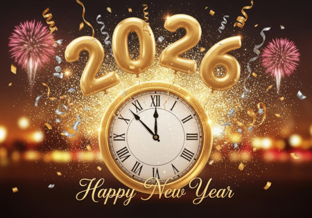 A festive New Year's Eve scene with golden 2026 balloons, a clock nearing midnight, fireworks, and confetti.の素材