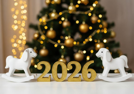 Two white rocking horses flank glittery gold numbers spelling out 2026, with a blurred Christmas tree and lights in the background.の素材