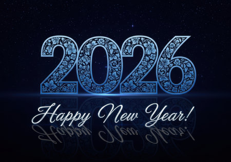 A dark background with glowing blue numbers 2026 and the text Happy New Year, with reflections below.の素材