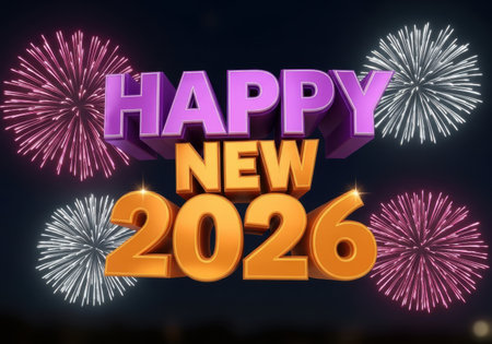 A vibrant New Year's Eve celebration featuring the year 2026 prominently displayed amidst a dazzling burst of colorful fireworks.の素材
