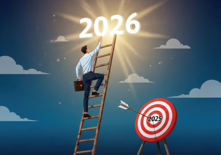 A man ascends a ladder towards a glowing '2026' in the sky, symbolizing ambition and future goals. A target with '2025' is nearby.の素材