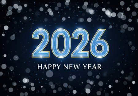 A festive New Year's Eve graphic featuring the year 2026 in shimmering blue digits against a dark, starry background with bokeh.の素材
