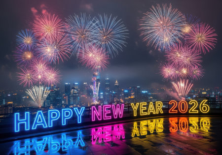 A spectacular fireworks show illuminates the night sky above a city skyline, with a glowing neon sign proclaiming Happy New Year 2026.の素材