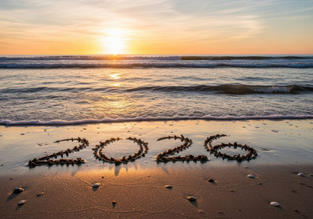 The year 2026 is written in the sand on a beach with waves gently lapping the shore during a beautiful sunset.の素材