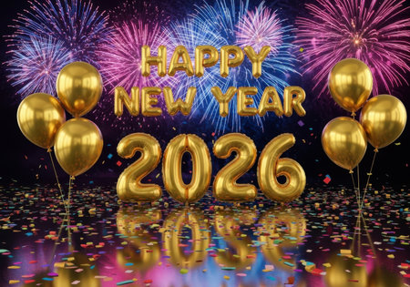 Golden balloons spell out Happy New Year 2026 with a vibrant firework display in the background.の素材