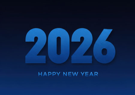 The year 2026 is prominently displayed in large blue numbers with a subtle gradient. Below, 'Happy New Year' is written in smaller text.の素材
