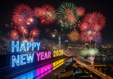A dazzling fireworks show illuminates the night sky above a city skyline, with neon 'Happy New Year' lights reflecting on the water below.の素材