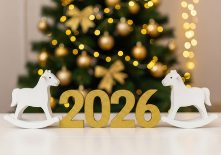 Golden glitter numbers 2026 stand between two white rocking horses, with a blurred Christmas tree and fairy lights in the background.の素材