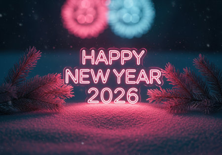 Glowing neon text 'Happy New Year 2026' illuminates a dark, atmospheric scene with hints of pine branches and colorful bokeh lights.の素材
