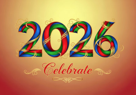 Large, colorful numbers spelling out 2026 are adorned with ribbons. The word 'Celebrate' appears below on a warm, gradient background.の素材