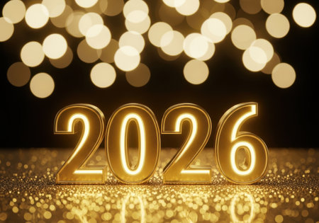 Shiny golden numbers spelling out 2026 sit on a reflective surface, illuminated by a warm bokeh light background.の素材