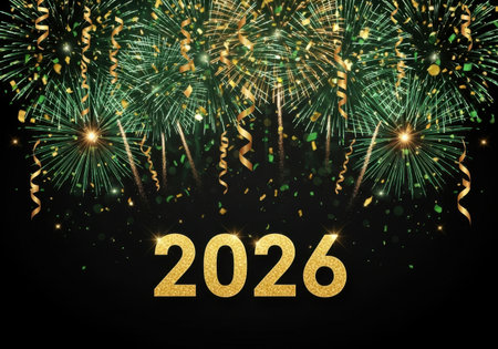 A celebratory image featuring the year 2026 in glowing golden numbers against a backdrop of vibrant green fireworks and falling confetti.の素材