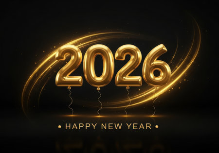 Shiny gold balloons form the numbers 2026, illuminated by golden light streaks and sparkling particles on a dark background.の素材