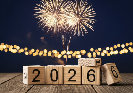 Wooden blocks display the year 2026, set against a backdrop of celebratory fireworks and twinkling string lights.の素材