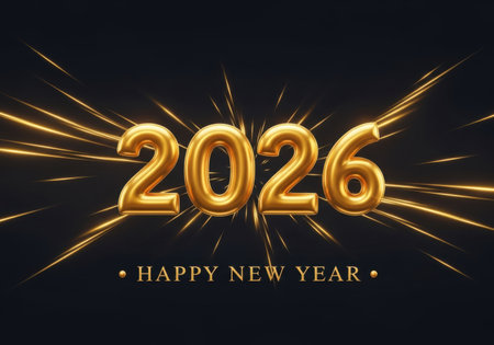 Shiny gold balloons form the year 2026, set against a dark background with radiating golden light streaks and celebratory text.の素材
