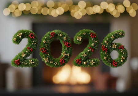 The year 2026 is creatively displayed using lush green foliage and red berries, set against a warm, glowing fireplace and bokeh lights.の素材