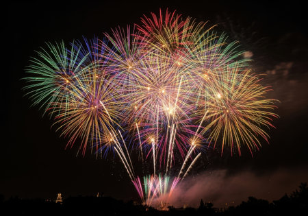 A spectacular display of multi-colored fireworks explodes in a dark night sky, creating a dazzling and festive atmosphere.の素材