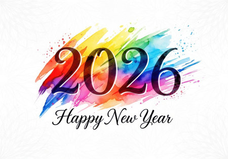 The year 2026 and 'Happy New Year' text are displayed over a vibrant, abstract watercolor splash background in multiple colors.の素材
