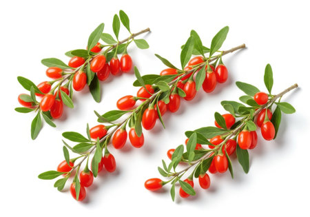 Several branches of bright red goji berries with vibrant green leaves are arranged on a white background.の素材