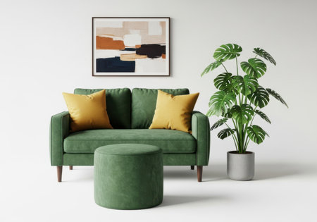 A stylish green loveseat with mustard yellow accent pillows sits in a minimalist room next to a large monstera plant and a matching ottoman.の素材