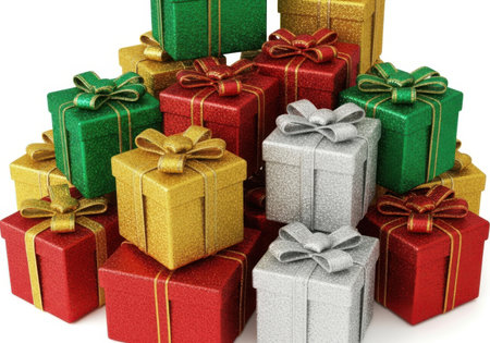 A festive stack of brightly colored and glittery Christmas gift boxes tied with bows.の素材