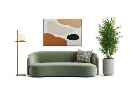 A minimalist living room setup featuring a curved green sofa, abstract wall art, a tall plant, and a floor lamp against a white background.の素材