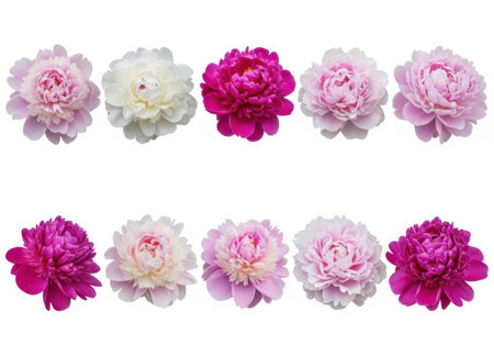 Ten blooming peony flowers are arranged in two rows against a white background, showcasing shades of pink, white, and deep magenta.の素材
