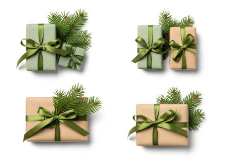Four arrangements of wrapped Christmas presents, adorned with green ribbon bows and fresh evergreen branches, presented on a white background.の素材