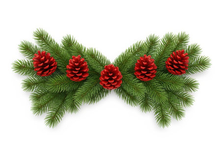 A symmetrical arrangement of green fir branches adorned with bright red pine cones, creating a festive holiday decoration.の素材