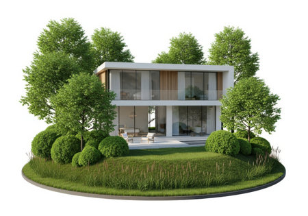 3d rendering of modern cozy house with garden isolated on white backgroundの素材