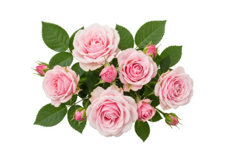 A beautiful arrangement of soft pink roses and unopened buds, surrounded by lush green leaves, presented against a clean white backdrop.の素材
