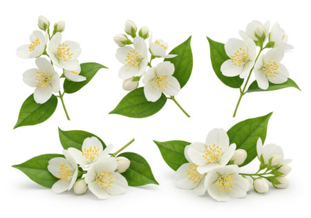 Jasmine flowers with leaves isolated on white background. Top view.の素材