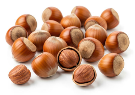 A collection of whole, brown hazelnuts are piled together on a white background. One hazelnut is cracked open, revealing its inner nut.の素材