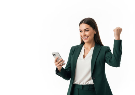 A smiling woman in a dark suit holds a phone and cash, raising her fist in a gesture of success and celebration.の素材