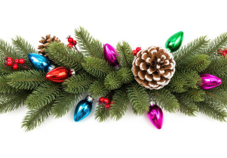 Christmas decoration with evergreen tree branch and cones isolated on white backgroundの素材